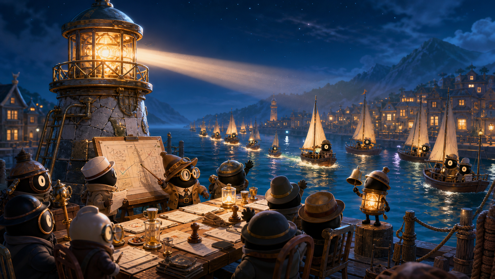The boats returning to the illuminated XO harbor