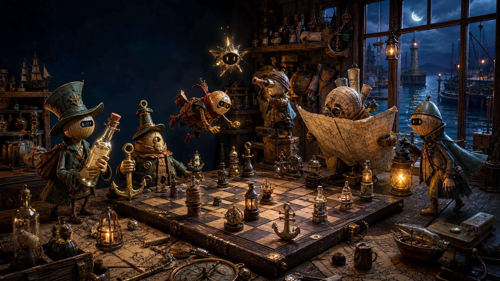 Seven symbolic XO characters gathered around a wooden and brass chessboard in a lantern-lit harbor workshop