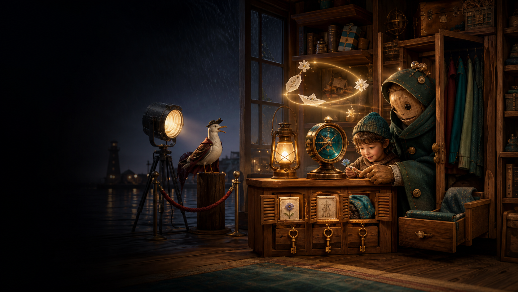 A Keeper adding an ordinary memory to private, shared and traveling drawers while a theatrical spotlight waits unused