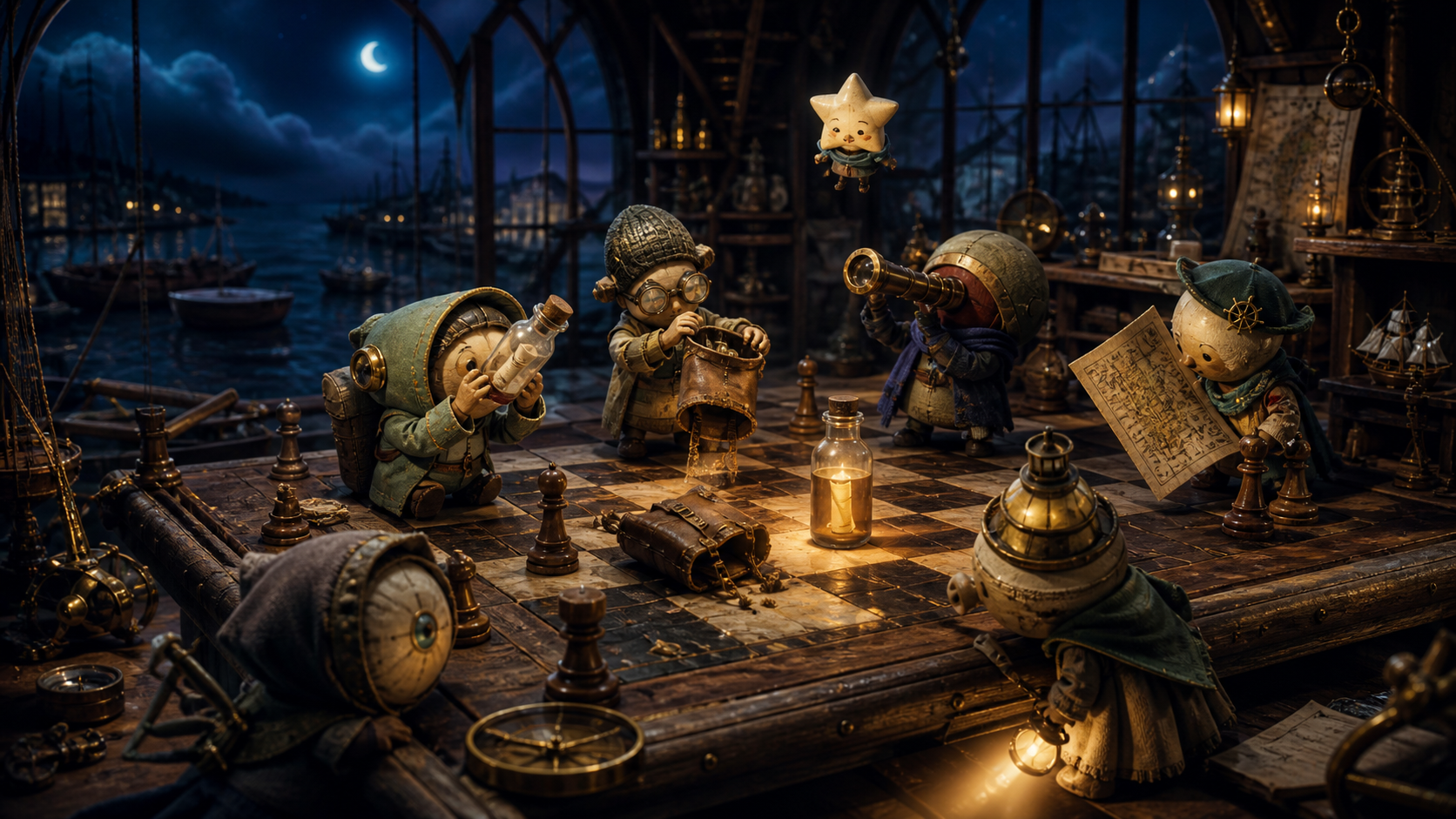 The XO cast investigating an abandoned satchel and glowing message bottle around the Harbor chessboard